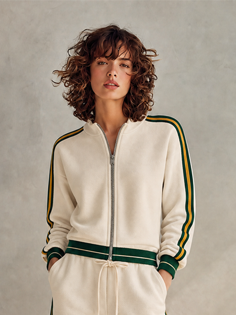 Women's Collegiate Sporty Off-white Sweatshirt-Fabric Contrast-Stripe Zip Jacket & Wide-Leg Trouser Set MDZ0324H3CMX
