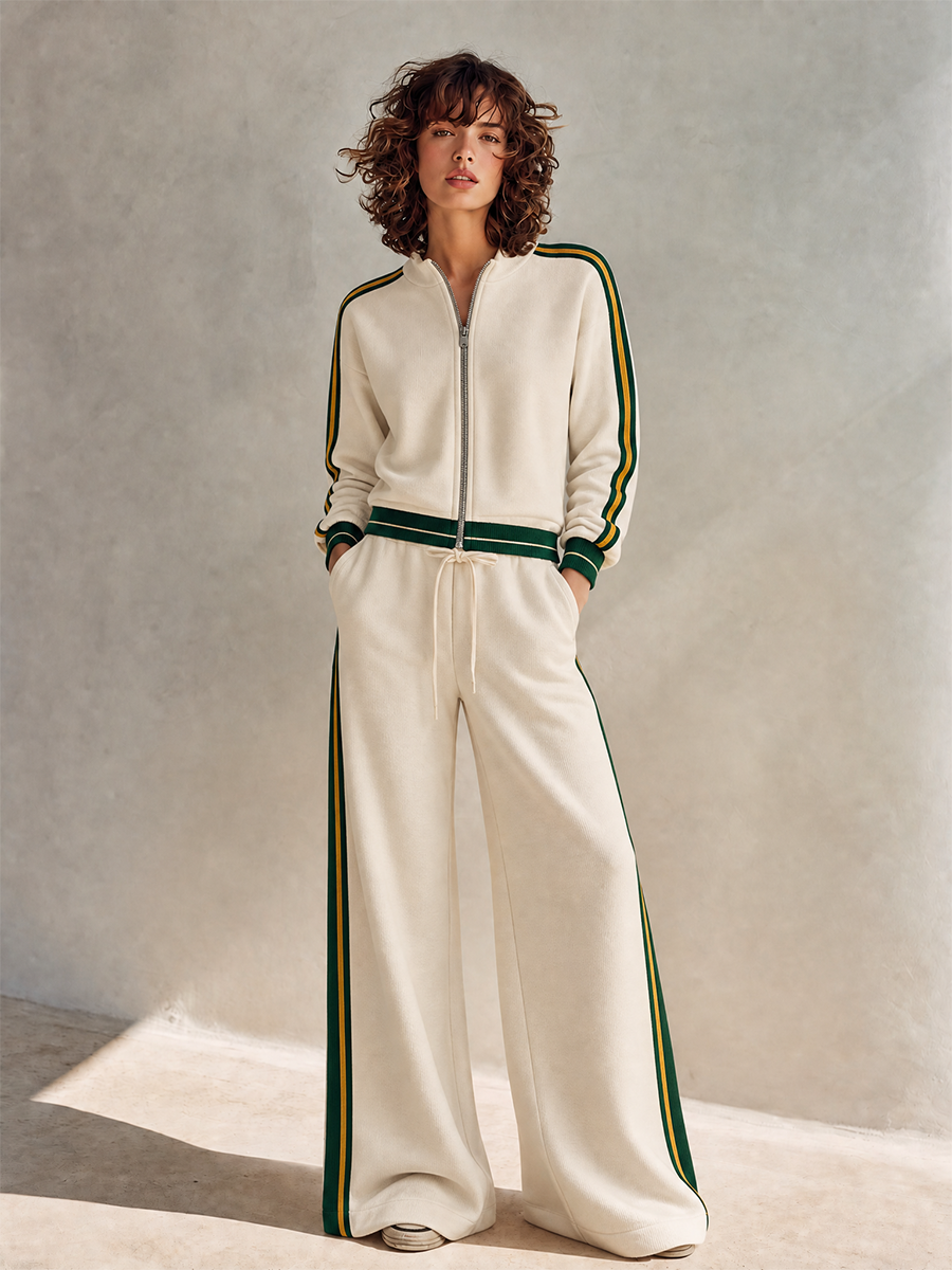 Women's Collegiate Sporty Off-white Sweatshirt-Fabric Contrast-Stripe Zip Jacket & Wide-Leg Trouser Set MDZ0324H3CMX