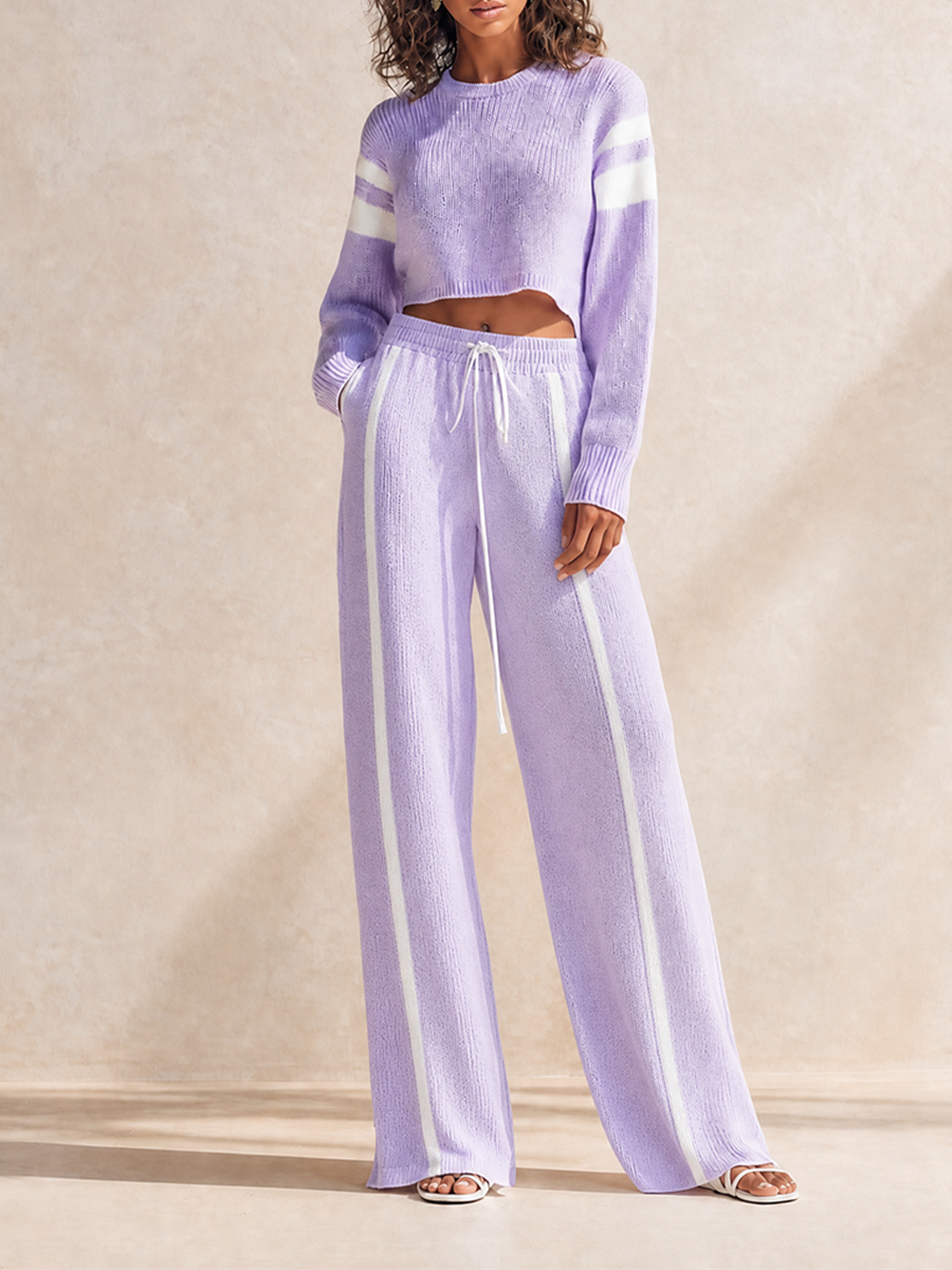 Women's Sporty Lavender Wool-Knit Contrast-Stripe Cropped Top & Drawstring Wide-Leg Trouser Set MDZ0308H5CMX