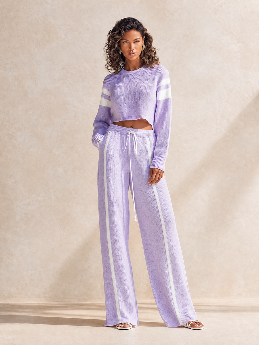Women's Sporty Lavender Wool-Knit Contrast-Stripe Cropped Top & Drawstring Wide-Leg Trouser Set MDZ0308H5CMX