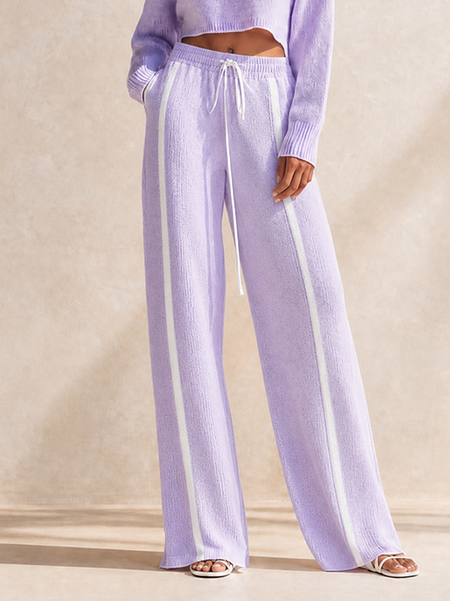 Women's Sporty Lavender Wool-Knit Contrast-Stripe Cropped Top & Drawstring Wide-Leg Trouser Set MDZ0308H5CMX