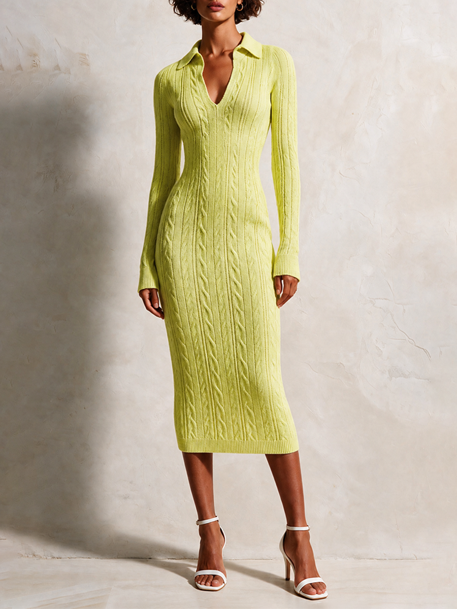 Women's Slim Cable-Knit Polo-Collar Long-Sleeve Bodycon Midi Dress MDZ0343H9CMX