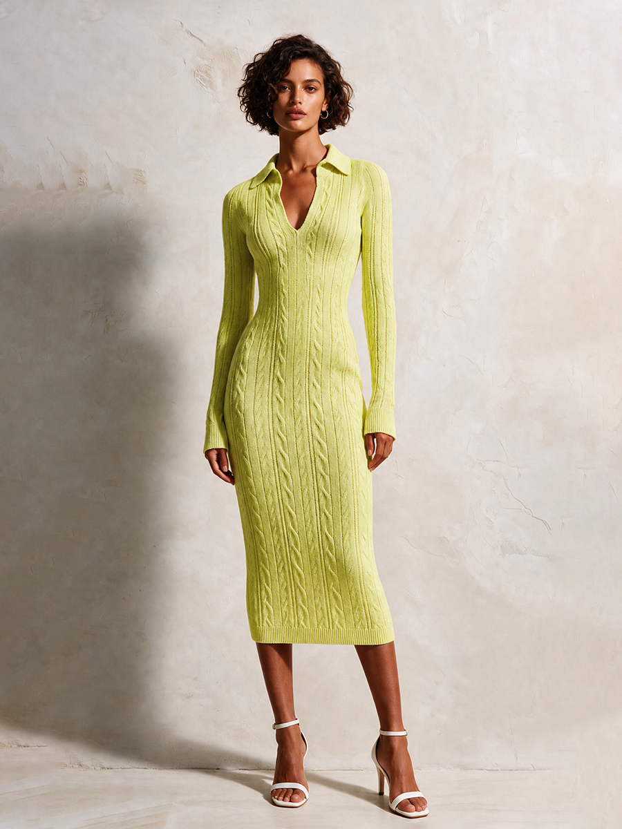 Women's Slim Cable-Knit Polo-Collar Long-Sleeve Bodycon Midi Dress MDZ0343H9CMX