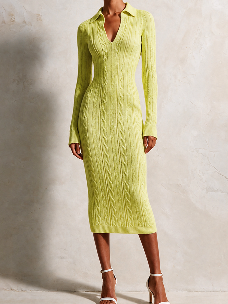 Women's Slim Cable-Knit Polo-Collar Long-Sleeve Bodycon Midi Dress MDZ0343H9CMX