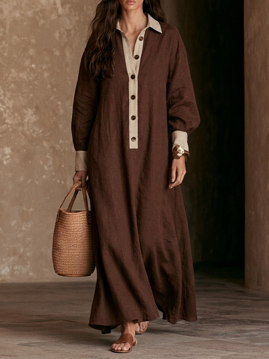 Women's Minimalist Color-Block Linen-Blend Long Shirt Dress MDZ0938H0ZRK