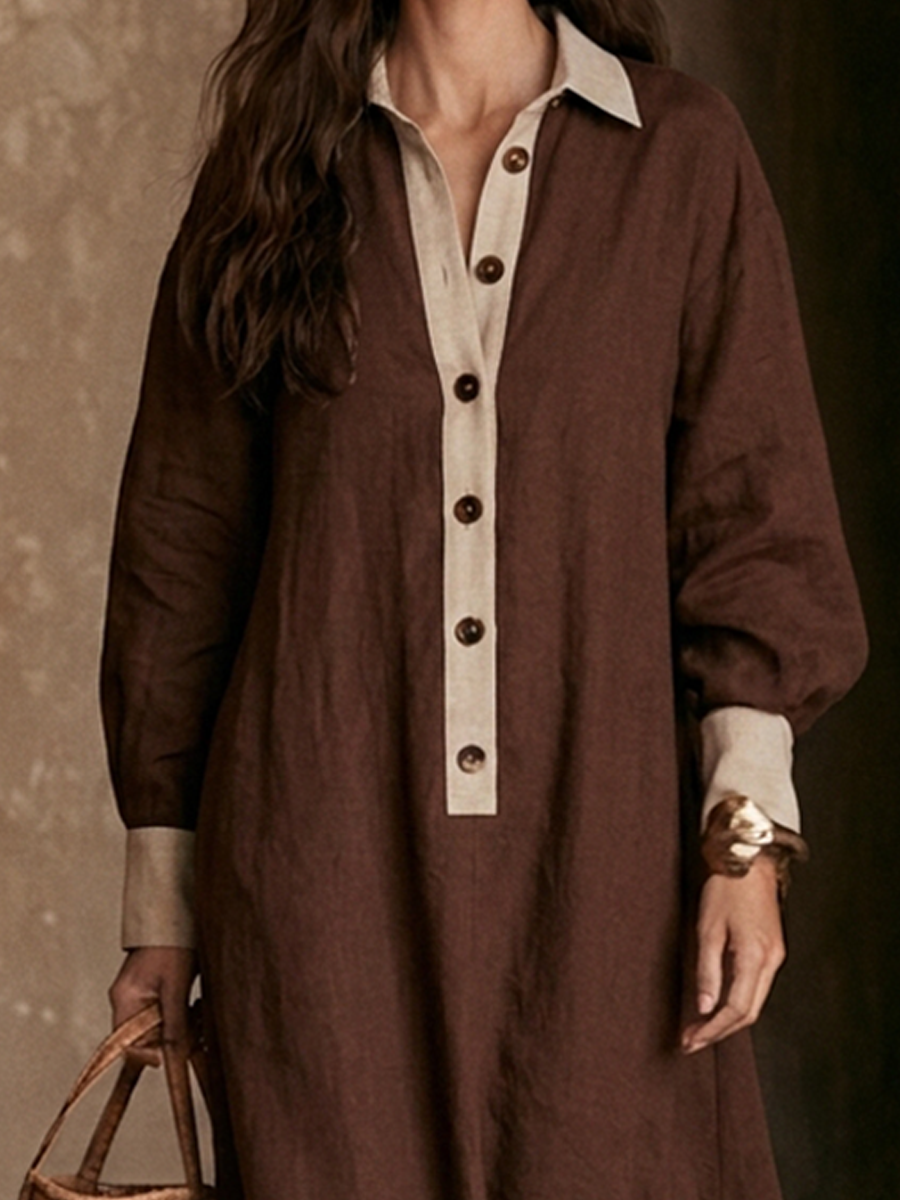Women's Minimalist Color-Block Linen-Blend Long Shirt Dress MDZ0938H0ZRK