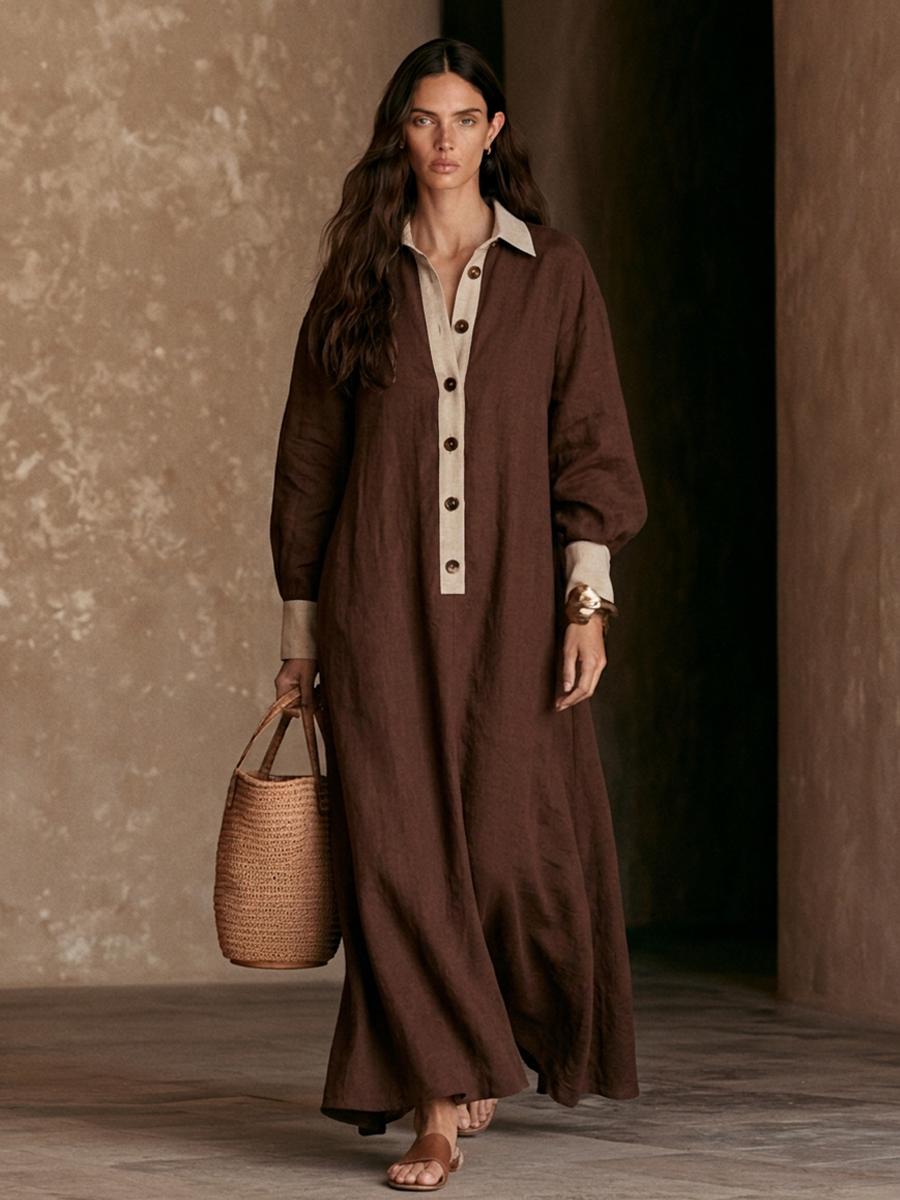 Women's Minimalist Color-Block Linen-Blend Long Shirt Dress MDZ0938H0ZRK