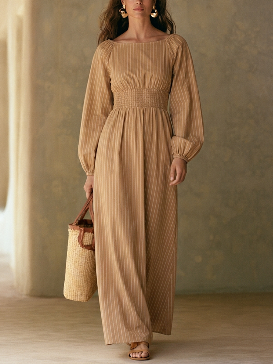 Women's Striped Linen-Blend Off-Shoulder Midi Dress MDZ0380H9ZRK