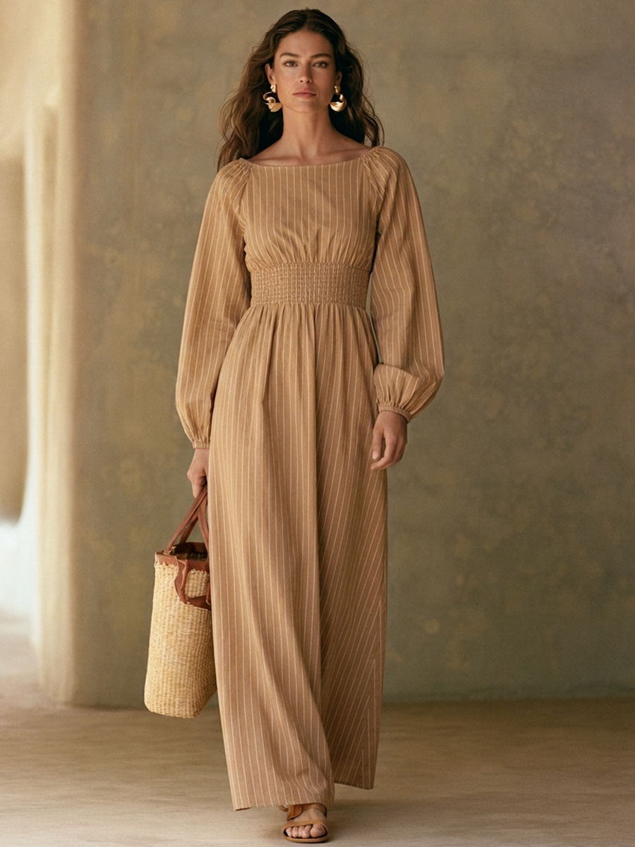 Women's Striped Linen-Blend Off-Shoulder Midi Dress MDZ0380H9ZRK