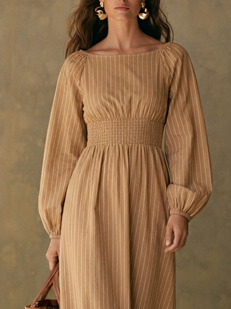 Women's Striped Linen-Blend Off-Shoulder Midi Dress MDZ0380H9ZRK