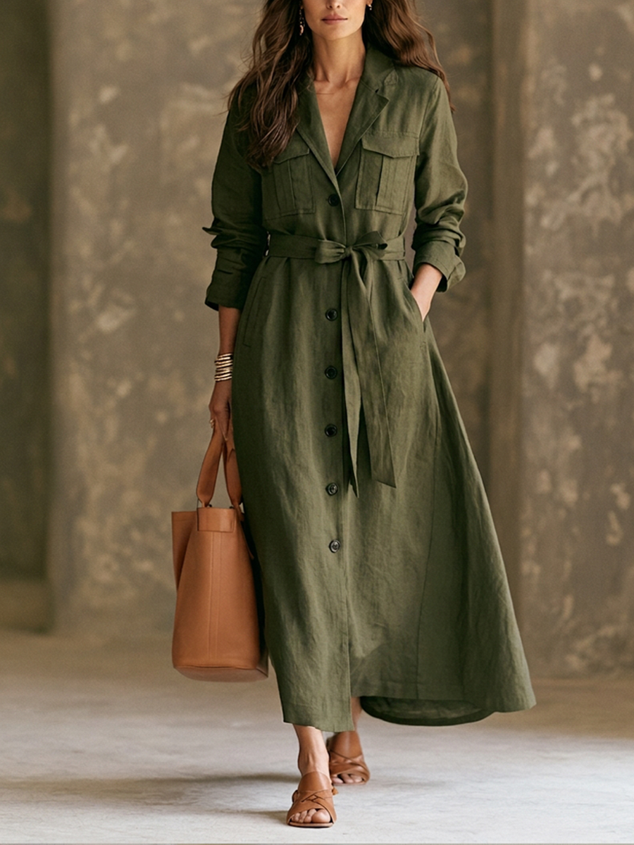 Women's Trench-Style Cotton-Blend Long Dress With Lapel And Belt MDZ0356H9ZRK