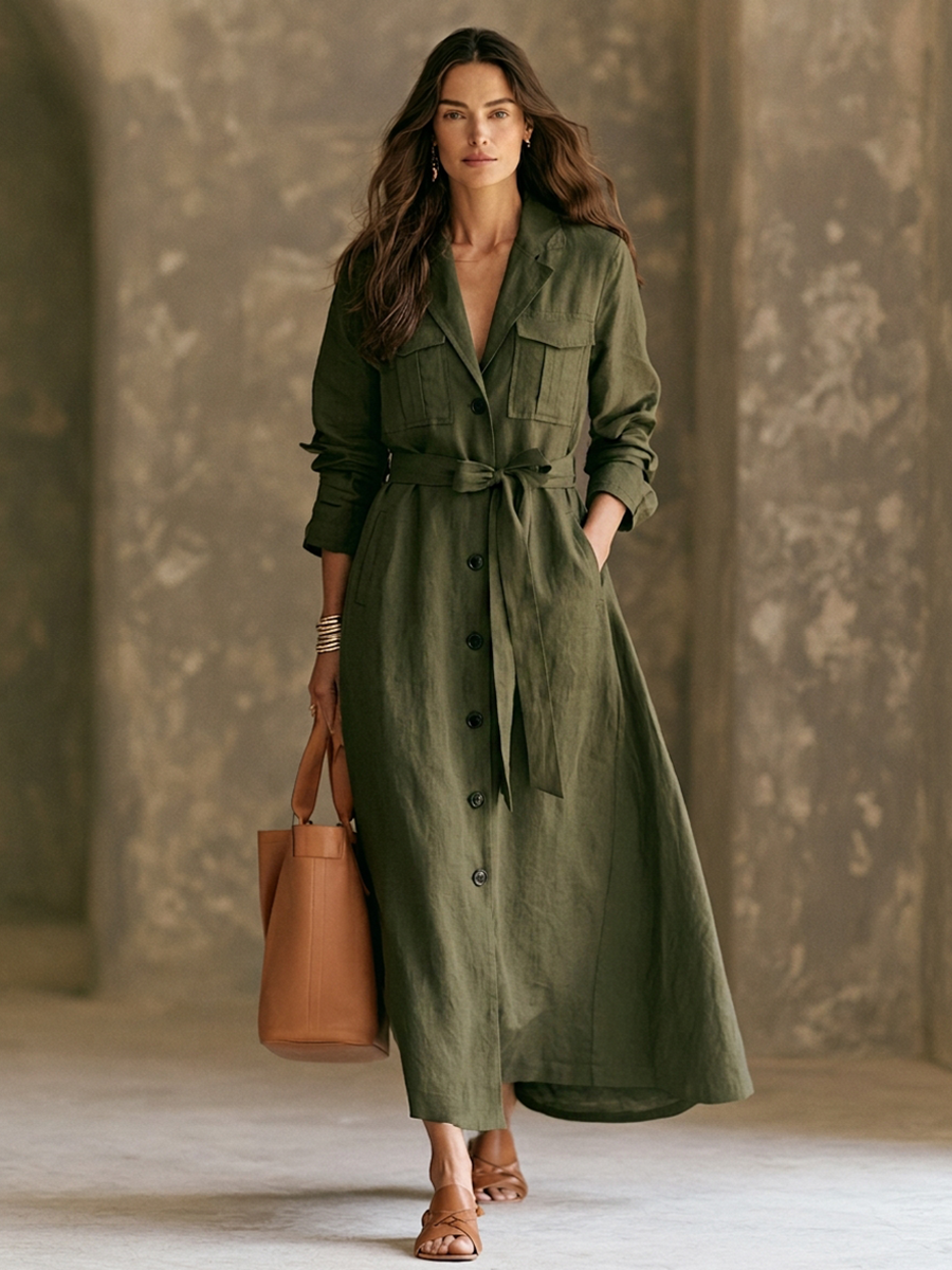Women's Trench-Style Cotton-Blend Long Dress With Lapel And Belt MDZ0356H9ZRK