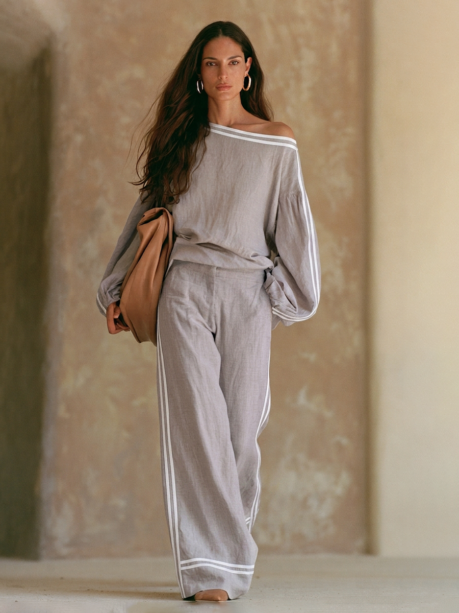 Women's Linen-Blend Asymmetric-Shoulder Striped Long-Sleeve Top & Wide-Leg Pants Set MDZ0343H7ZRK