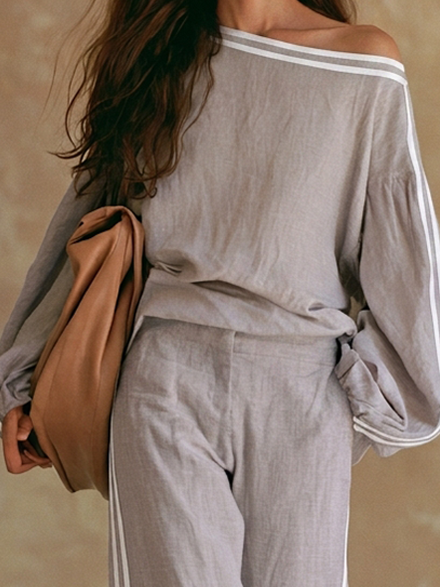 Women's Linen-Blend Asymmetric-Shoulder Striped Long-Sleeve Top & Wide-Leg Pants Set MDZ0343H7ZRK