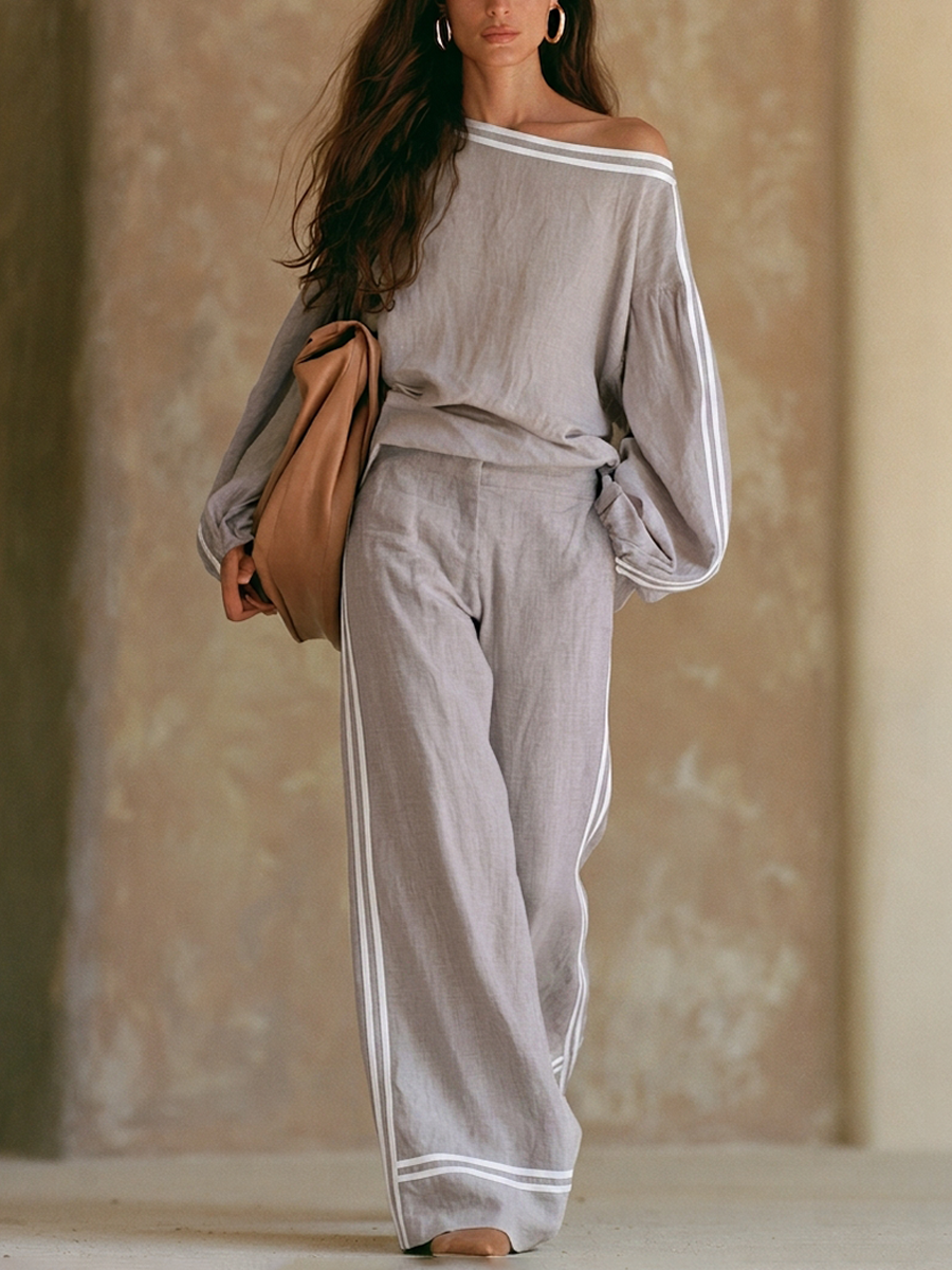 Women's Linen-Blend Asymmetric-Shoulder Striped Long-Sleeve Top & Wide-Leg Pants Set MDZ0343H7ZRK