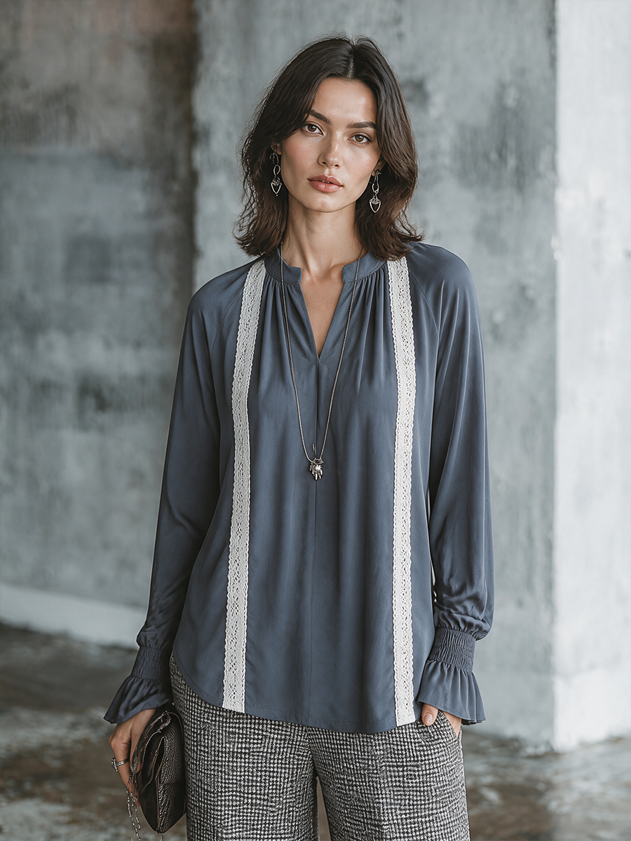 Women's Elegant Slate Blue Matte Satin Lace Trim Long Sleeve Top MDZ3190G0GMJ