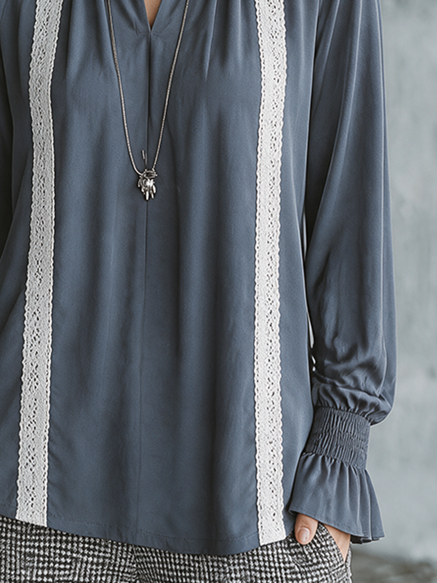 Women's Elegant Slate Blue Matte Satin Lace Trim Long Sleeve Top MDZ3190G0GMJ