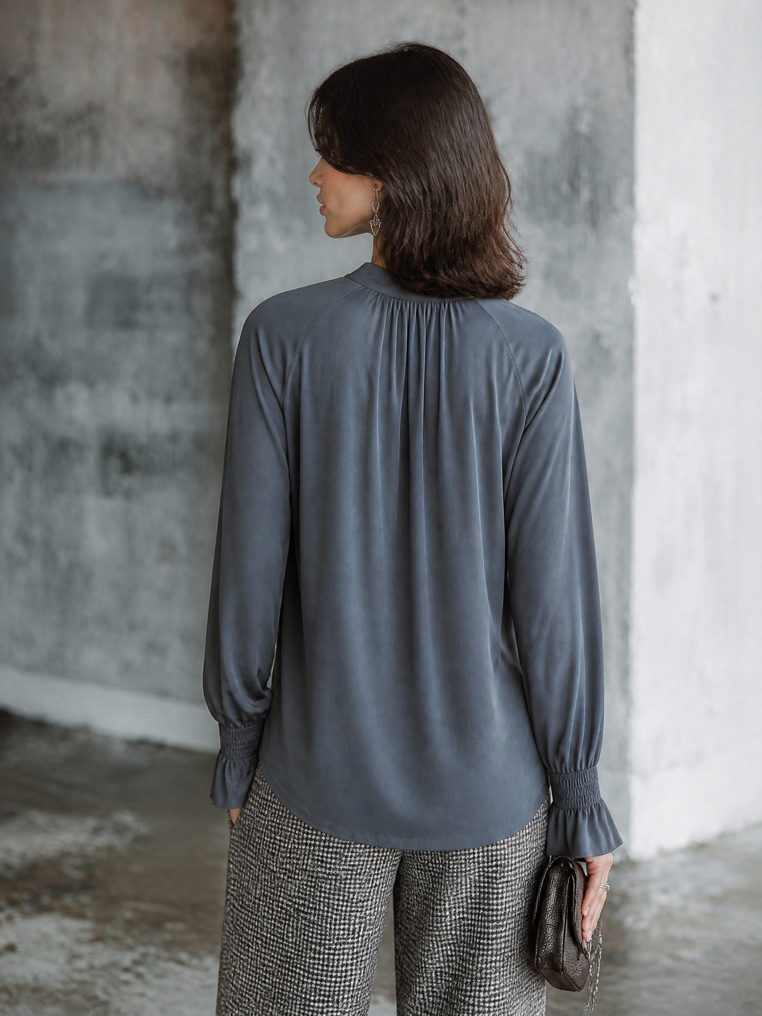 Women's Elegant Slate Blue Matte Satin Lace Trim Long Sleeve Top MDZ3190G0GMJ
