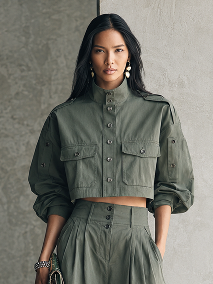 Women's Utility Olive Green Cotton Blend Cropped Jacket Pleated Wide-Leg Pants Set MDZ3164G9GMJ