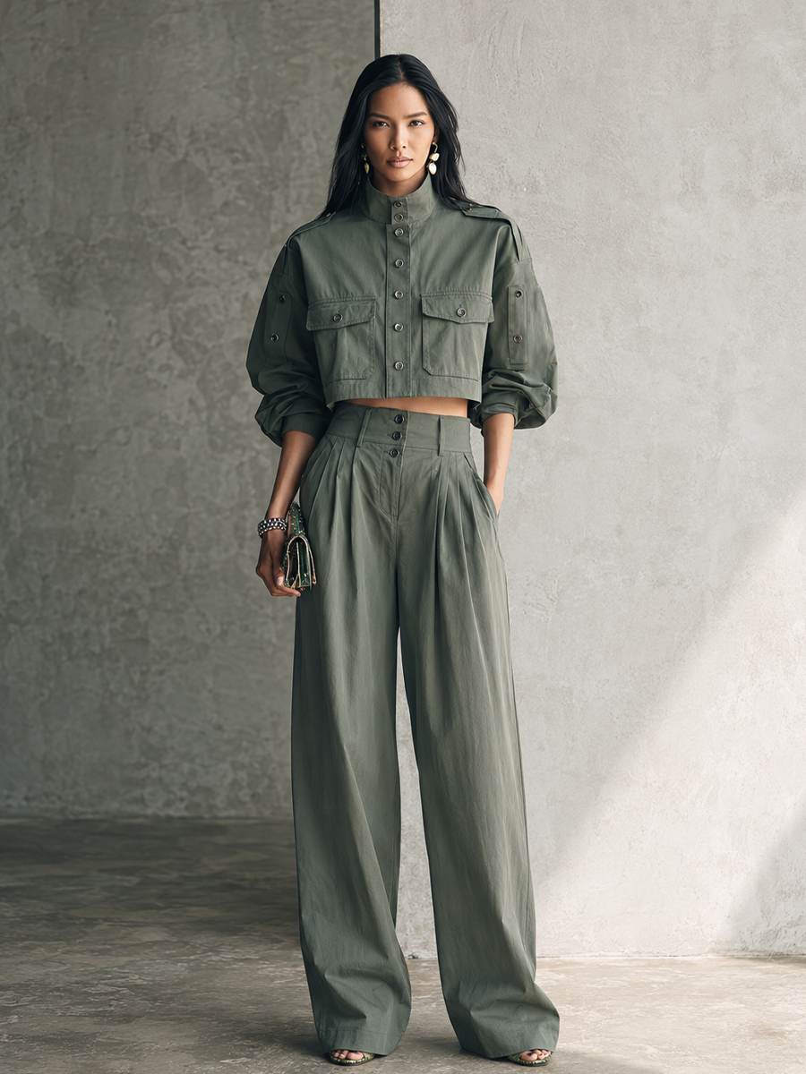 Women's Utility Olive Green Cotton Blend Cropped Jacket Pleated Wide-Leg Pants Set MDZ3164G9GMJ