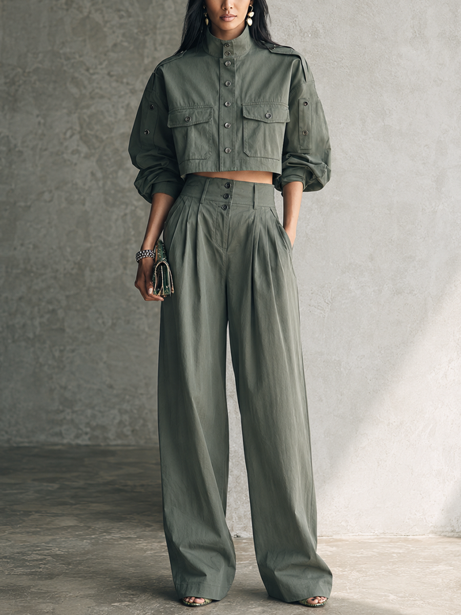 Women's Utility Olive Green Cotton Blend Cropped Jacket Pleated Wide-Leg Pants Set MDZ3164G9GMJ