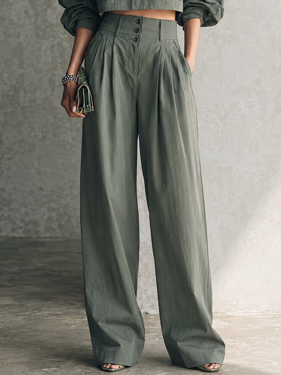 Women's Utility Olive Green Cotton Blend Cropped Jacket Pleated Wide-Leg Pants Set MDZ3164G9GMJ
