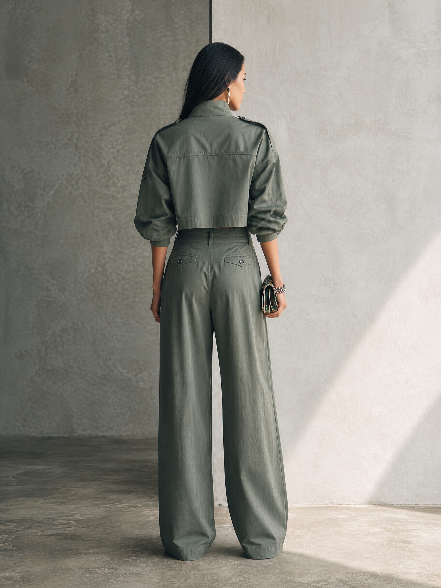 Women's Utility Olive Green Cotton Blend Cropped Jacket Pleated Wide-Leg Pants Set MDZ3164G9GMJ