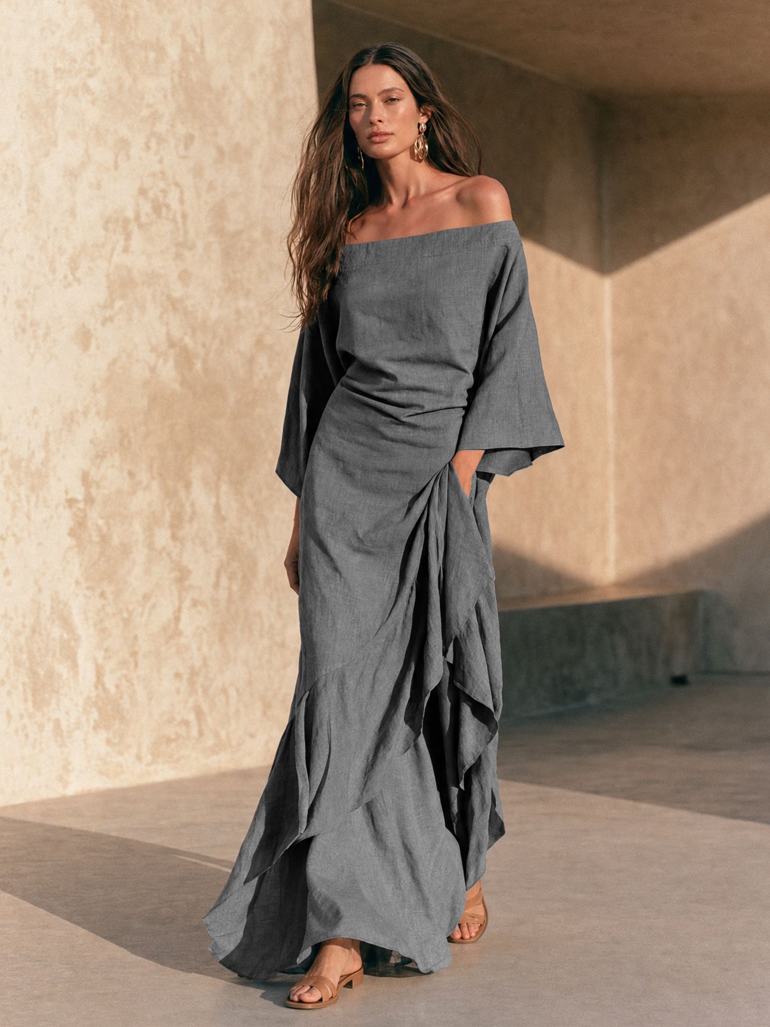 Women's Minimalist Off-Shoulder Maxi Dress With Ruffled Hem And Flared Sleeves MDZ0382H3WY