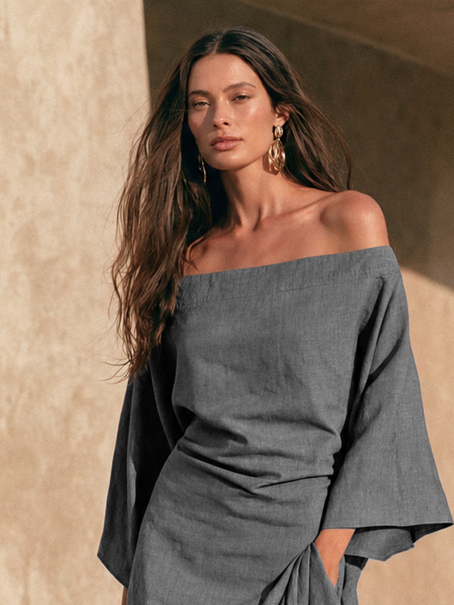 Women's Minimalist Off-Shoulder Maxi Dress With Ruffled Hem And Flared Sleeves MDZ0382H3WY