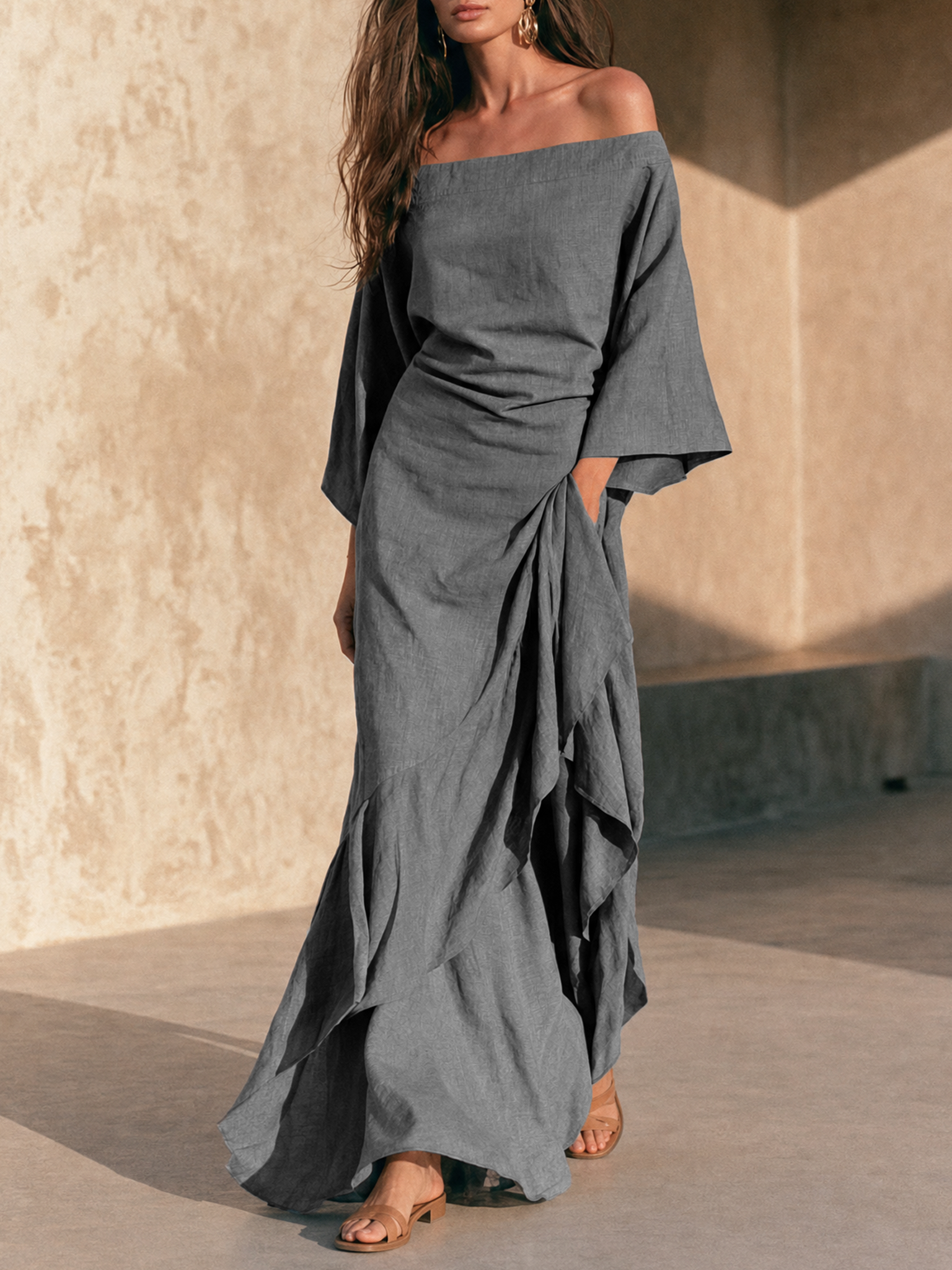 Women's Minimalist Off-Shoulder Maxi Dress With Ruffled Hem And Flared Sleeves MDZ0382H3WY