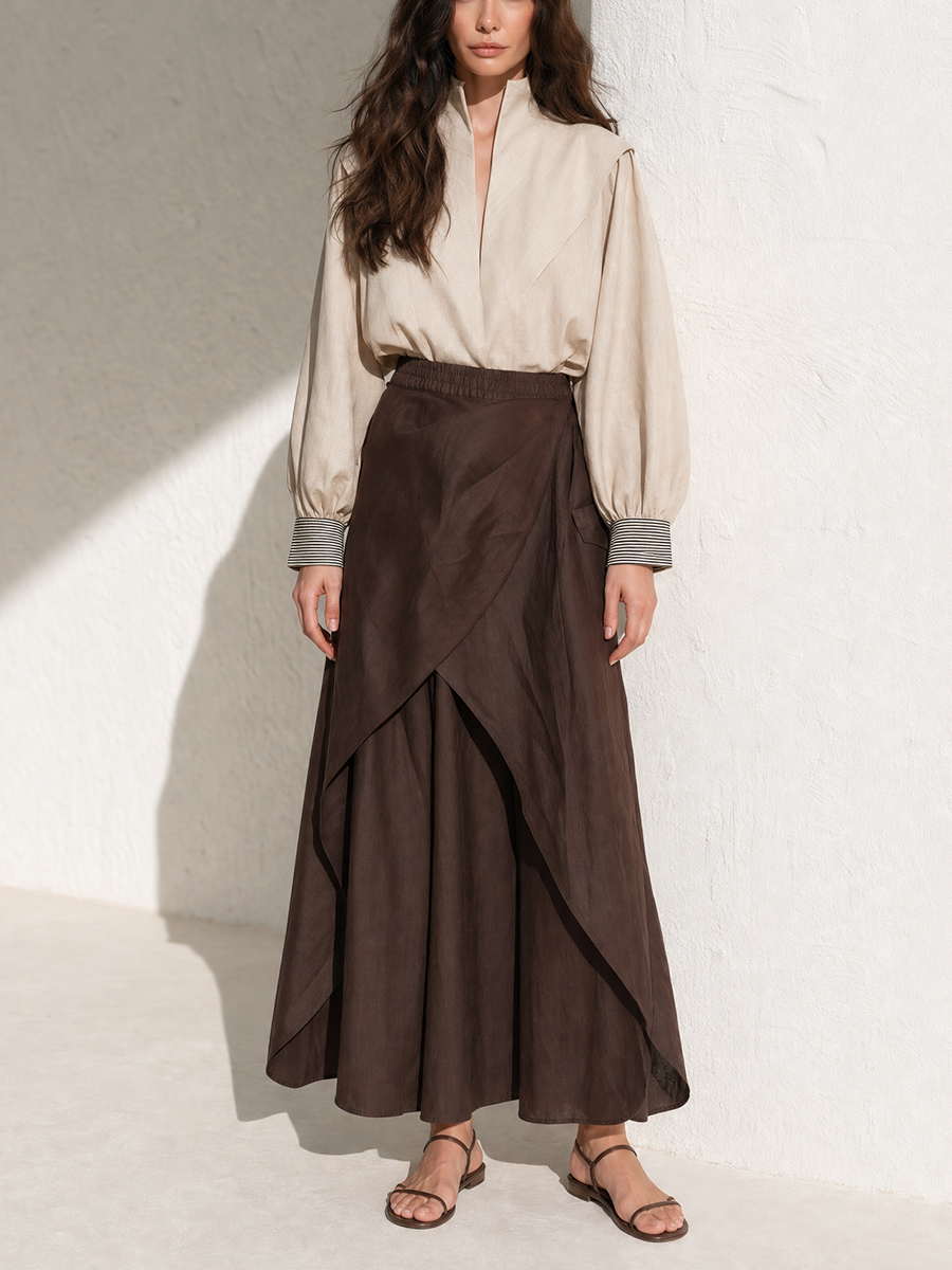 Women's Wrap Overlay Linen Blend Maxi Skirt MDZ0430H7YZJ