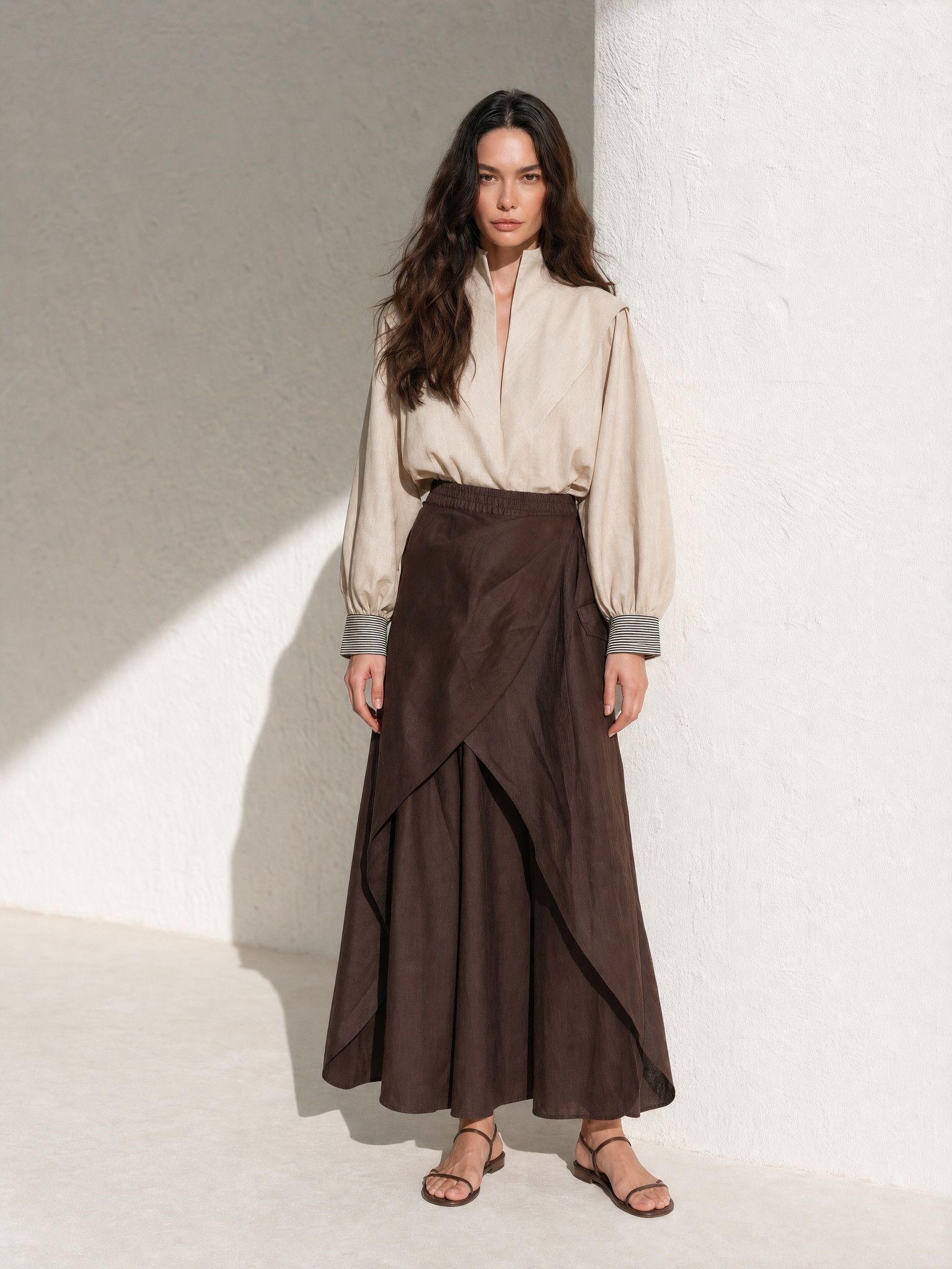 Women's Retro Brown Linen Skirt Set MDZ0307H2YZJ
