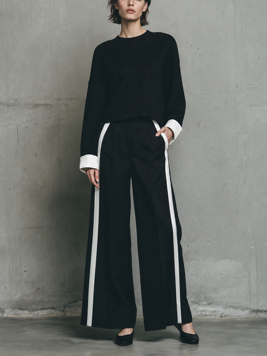 Women's Minimalist Contrast White Cuff Knit Top High Waist Vertical Stripe Wide Leg Suit MDZ0341H2YZJ