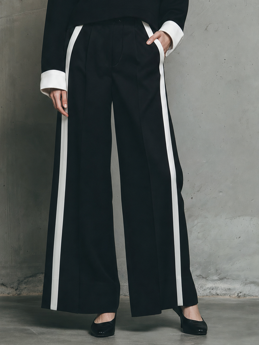 Women's Minimalist Contrast White Cuff Knit Top High Waist Vertical Stripe Wide Leg Suit MDZ0341H2YZJ