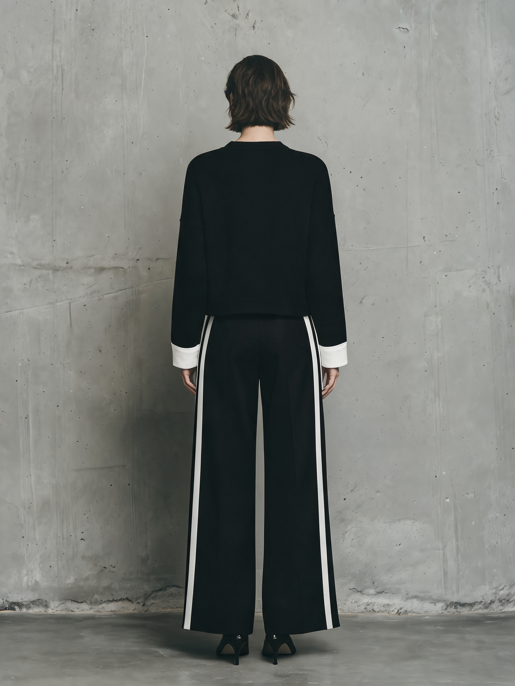 Women's Minimalist Contrast White Cuff Knit Top High Waist Vertical Stripe Wide Leg Suit MDZ0341H2YZJ