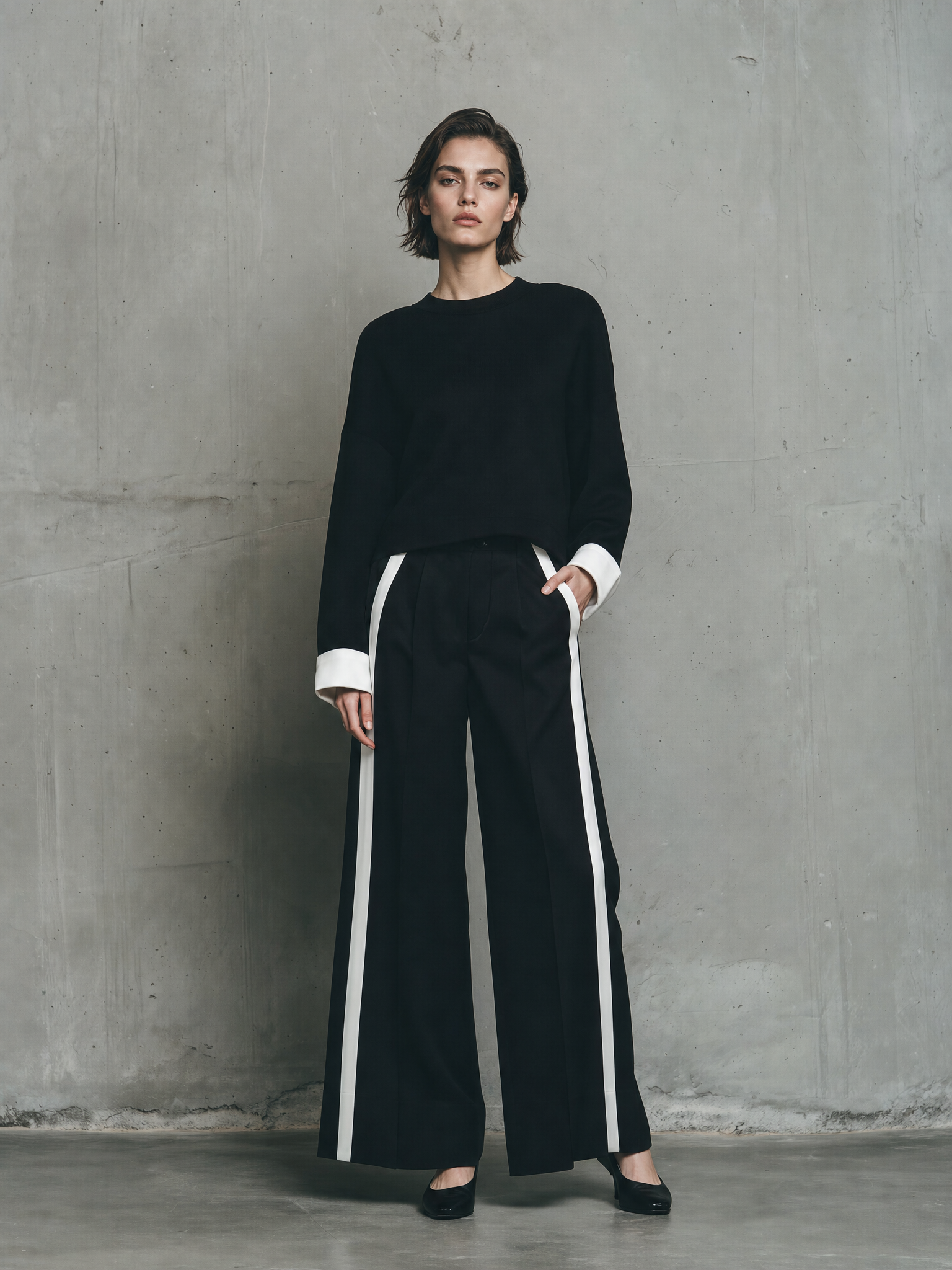 Women's Minimalist Contrast White Cuff Knit Top High Waist Vertical Stripe Wide Leg Suit MDZ0341H2YZJ