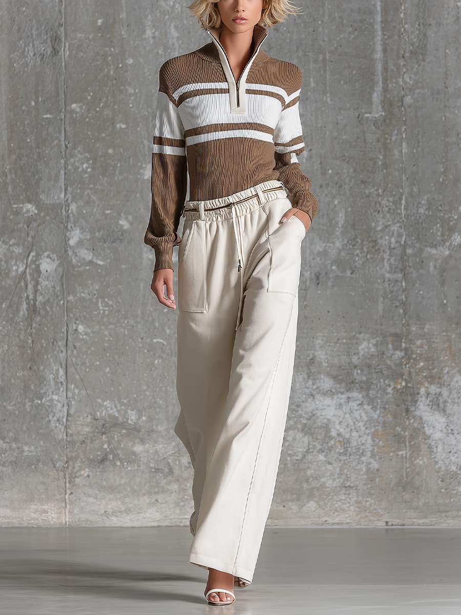 Women's Zip-collar Casual Knit Pant Set MDZ0318H0YZJ