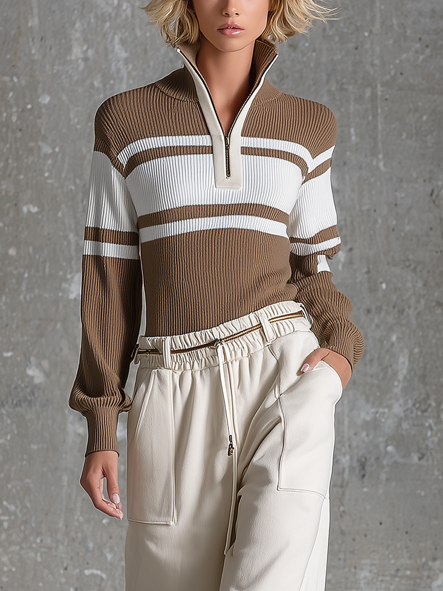 Women's Zip-collar Casual Knit Pant Set MDZ0318H0YZJ