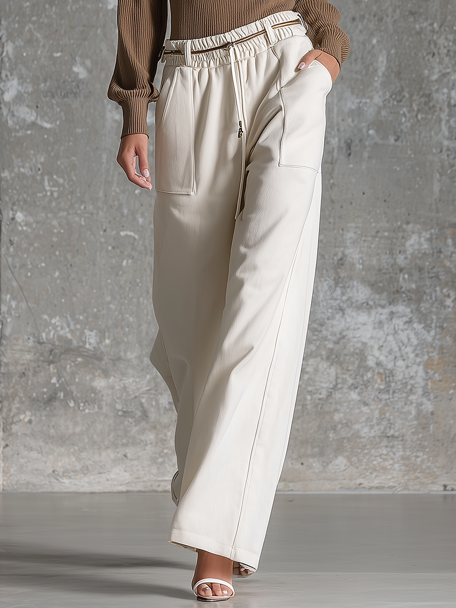 Women's Drawstring Beige Wide-leg Pants MDZ0428H0YZJ