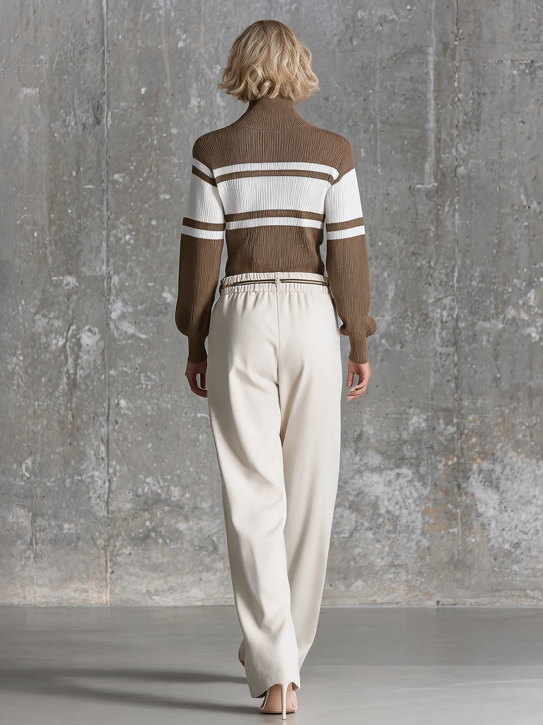 Women's Slim Brown White Ribbed Knit Top MDZ0495H8YZJ
