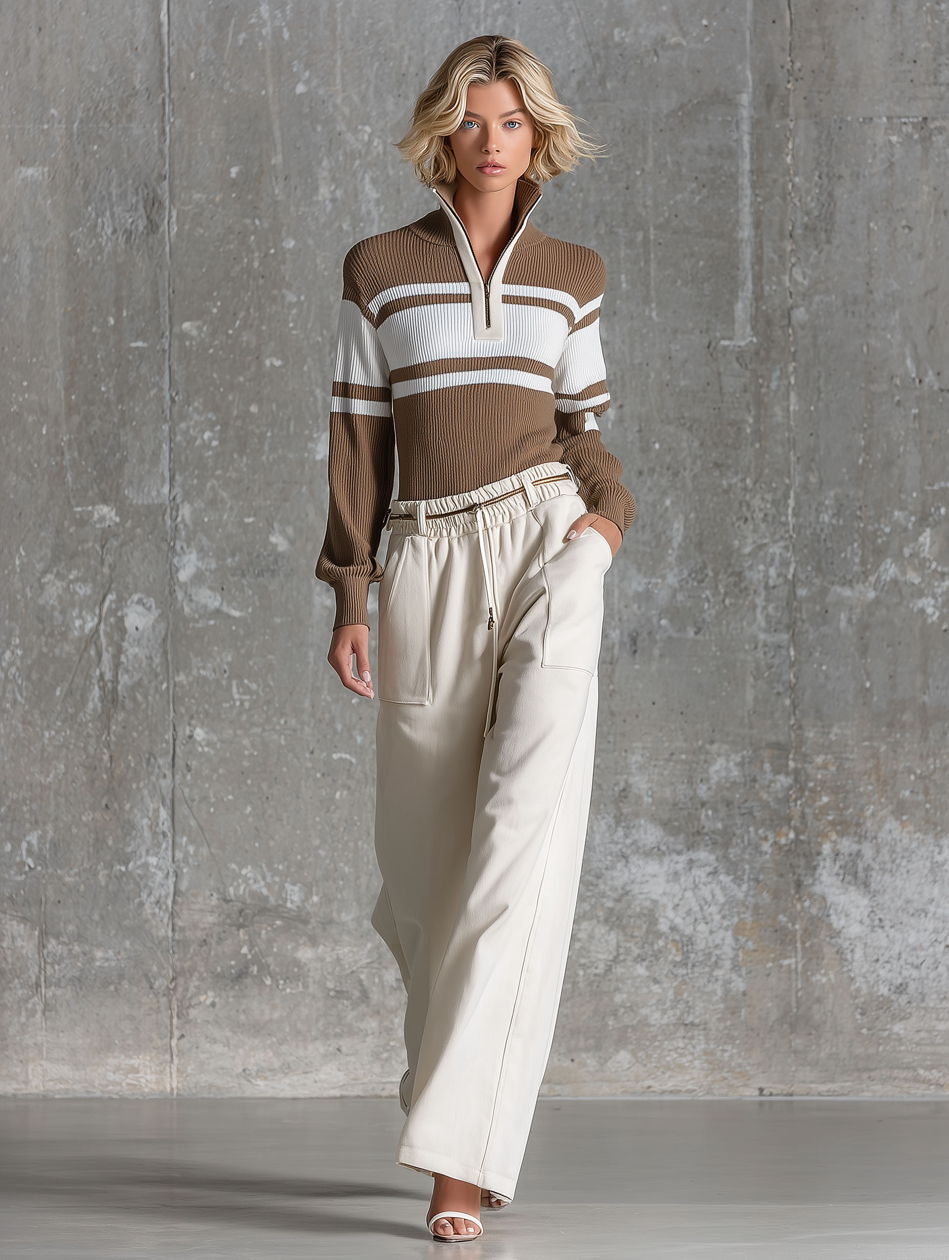 Women's Drawstring Beige Wide-leg Pants MDZ0428H0YZJ