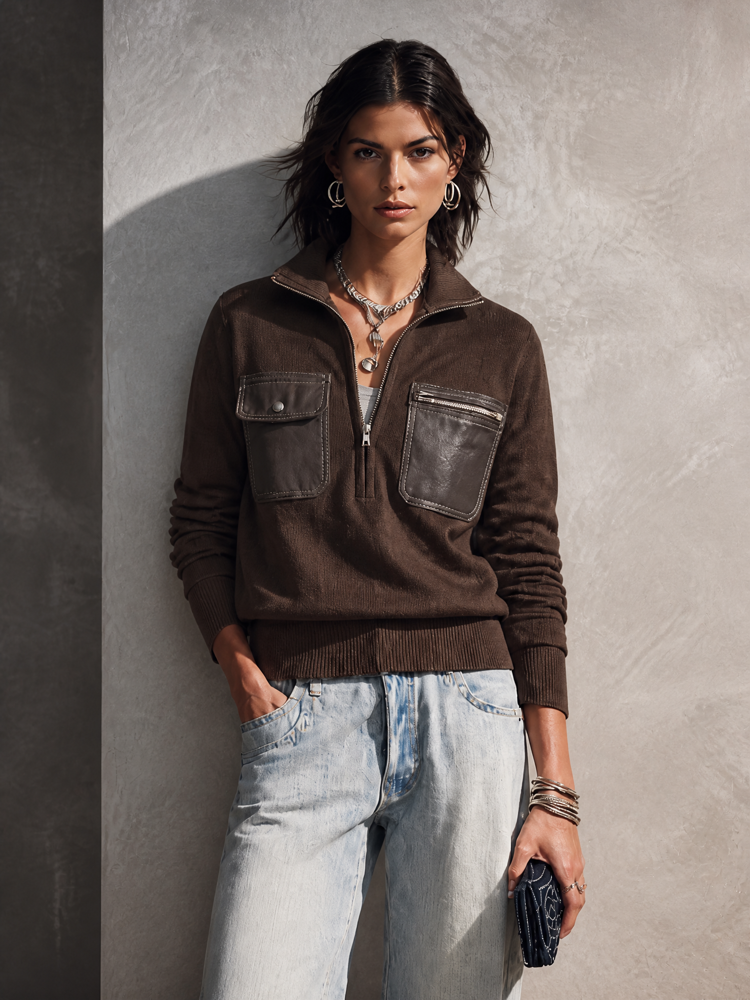 Women's Half-Zip Knit Sweater With Faux Leather Pocket Detail MDZ0381H3GMJ