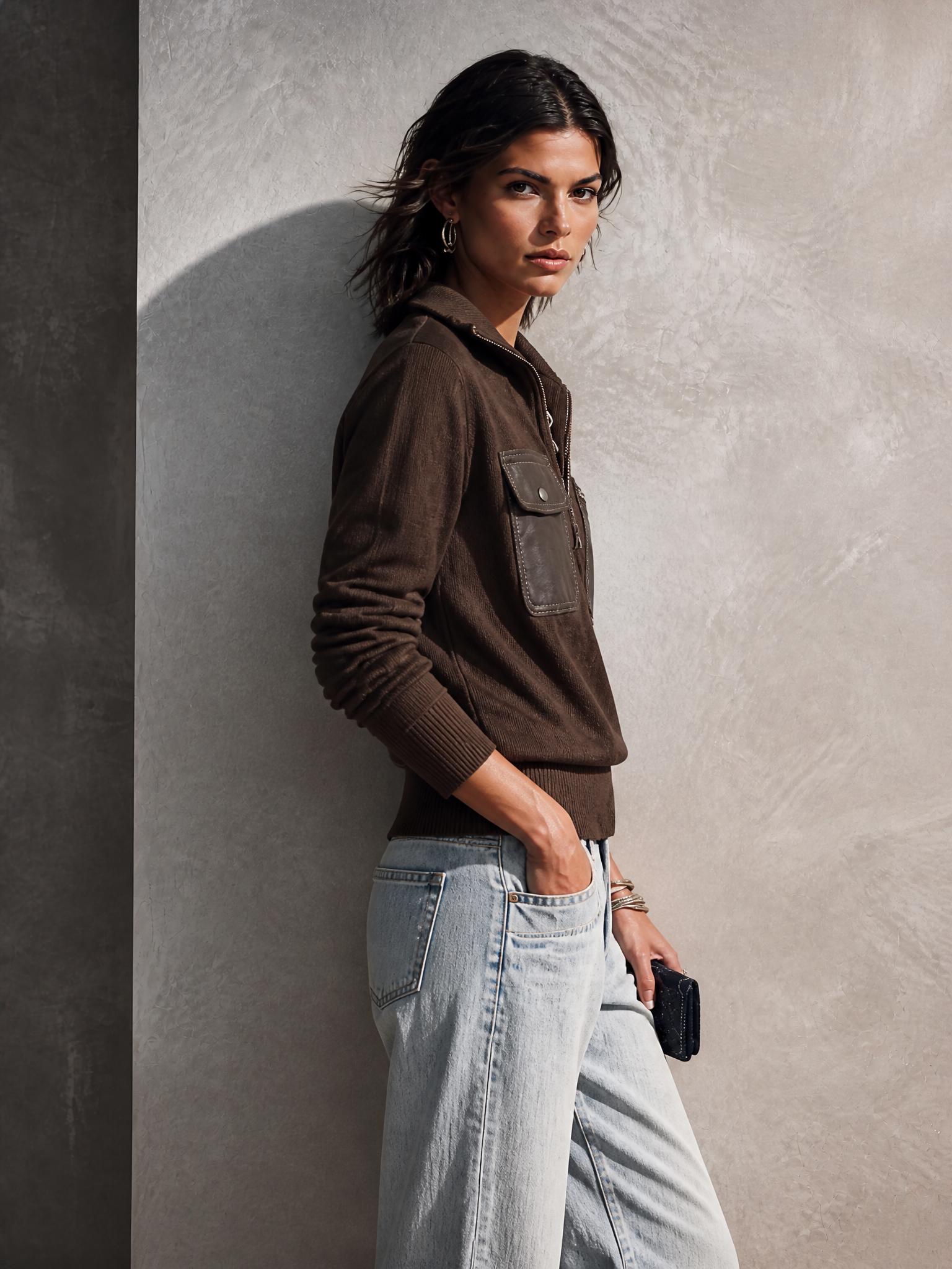 Women's Half-Zip Knit Sweater With Faux Leather Pocket Detail MDZ0381H3GMJ