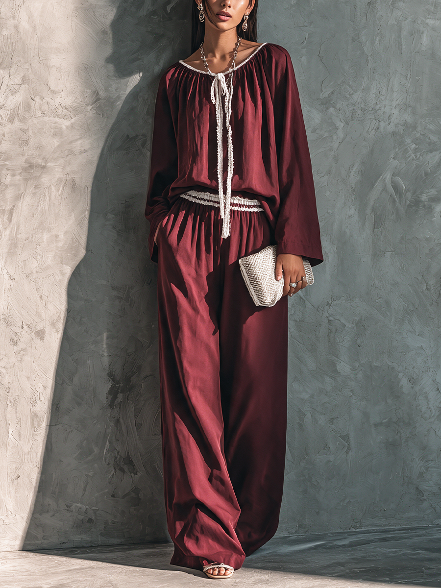 Women's Elegant Burgundy Cotton Blend Lace Trim Drawstring Wide-Leg Pants Set MDZ3197G7GMJ