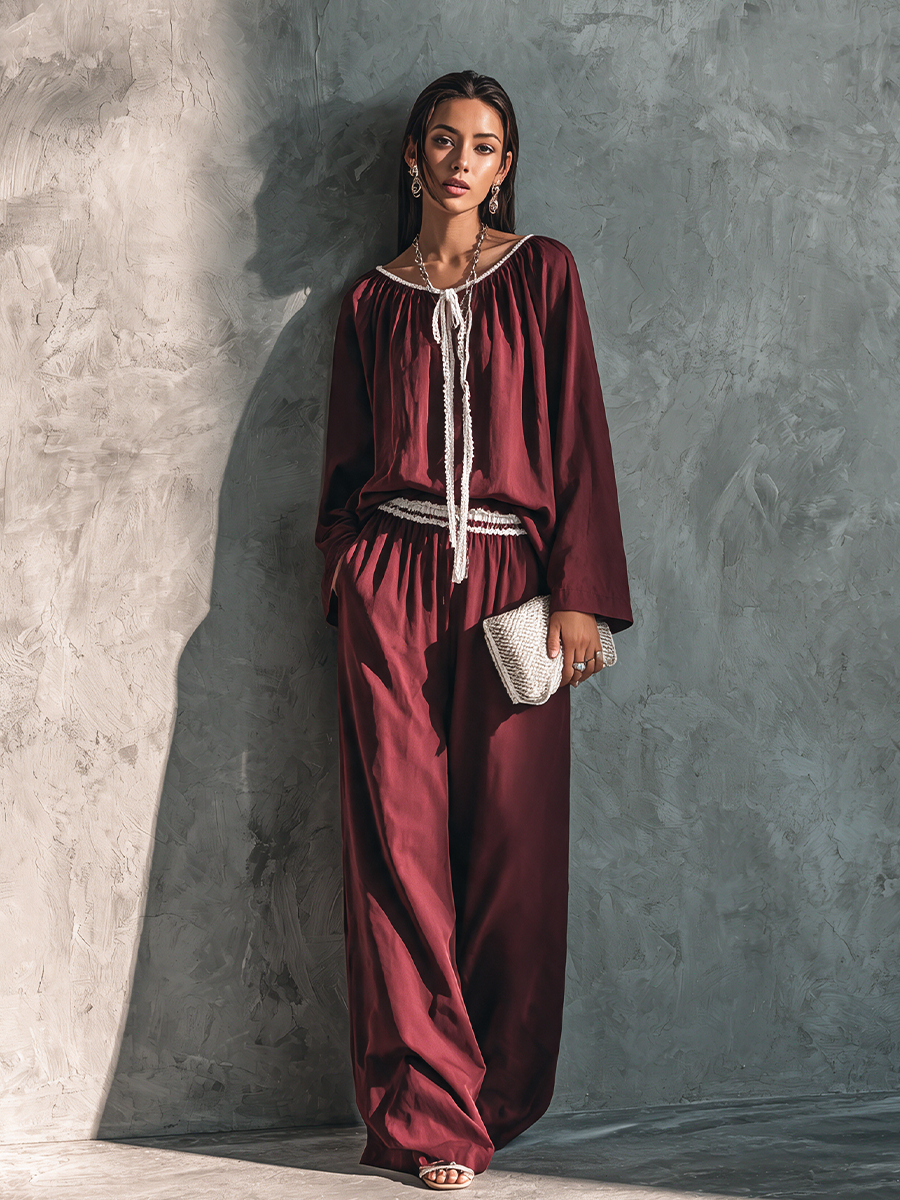 Women's Elegant Burgundy Cotton Blend Lace Trim Drawstring Wide-Leg Pants Set MDZ3197G7GMJ