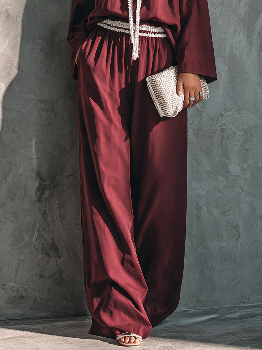 Women's Elegant Burgundy Cotton Blend Lace Trim Drawstring Wide-Leg Pants Set MDZ3197G7GMJ