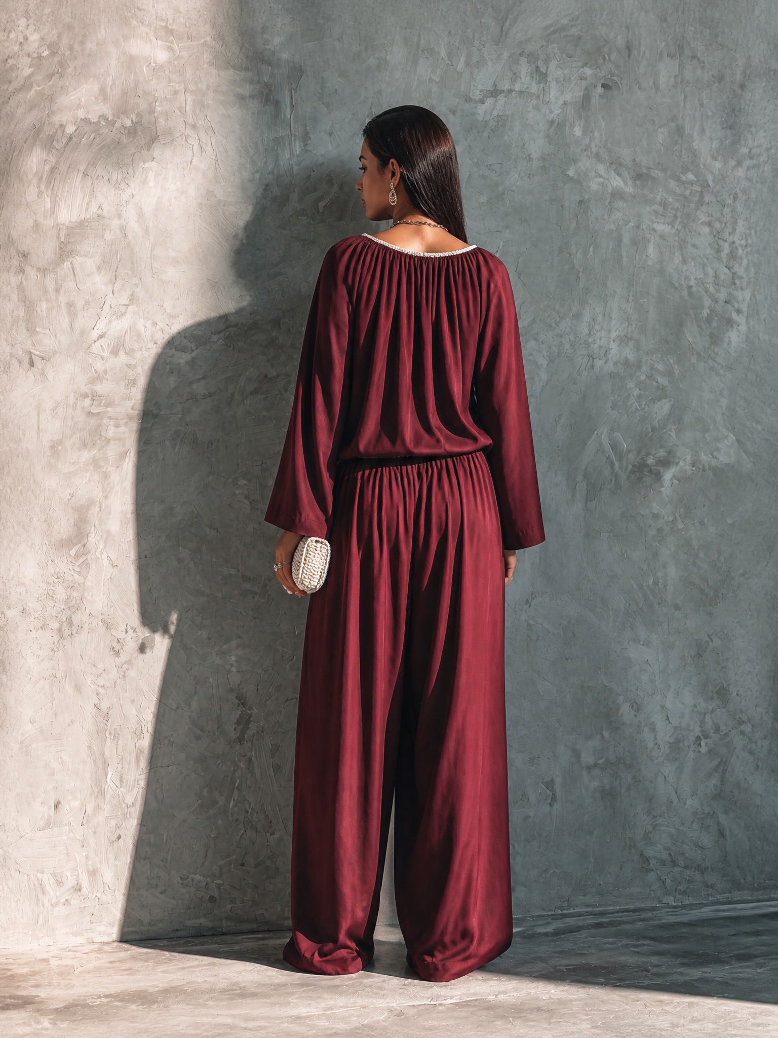 Women's Elegant Burgundy Cotton Blend Lace Trim Drawstring Wide-Leg Pants Set MDZ3197G7GMJ