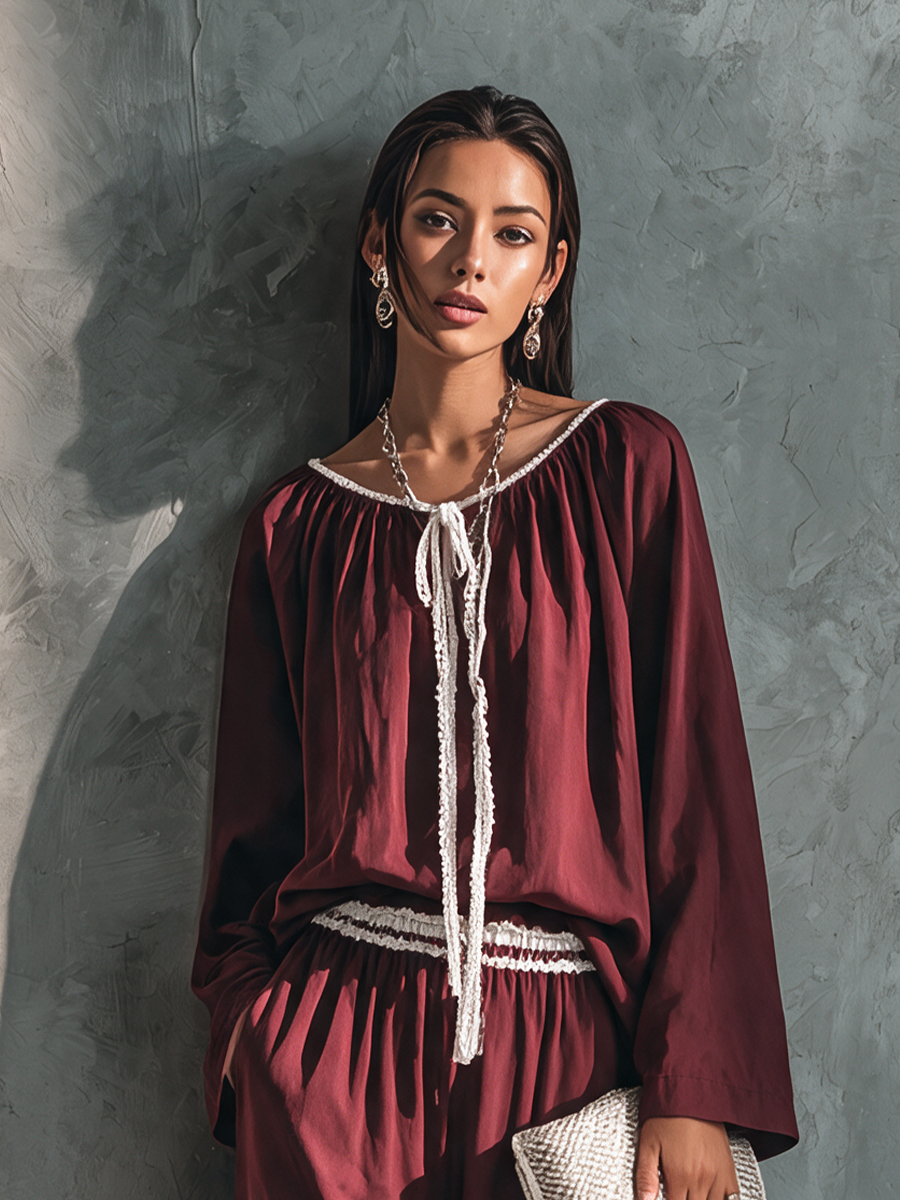 Women's Elegant Burgundy Cotton Blend Lace Trim Drawstring Wide-Leg Pants Set MDZ3197G7GMJ