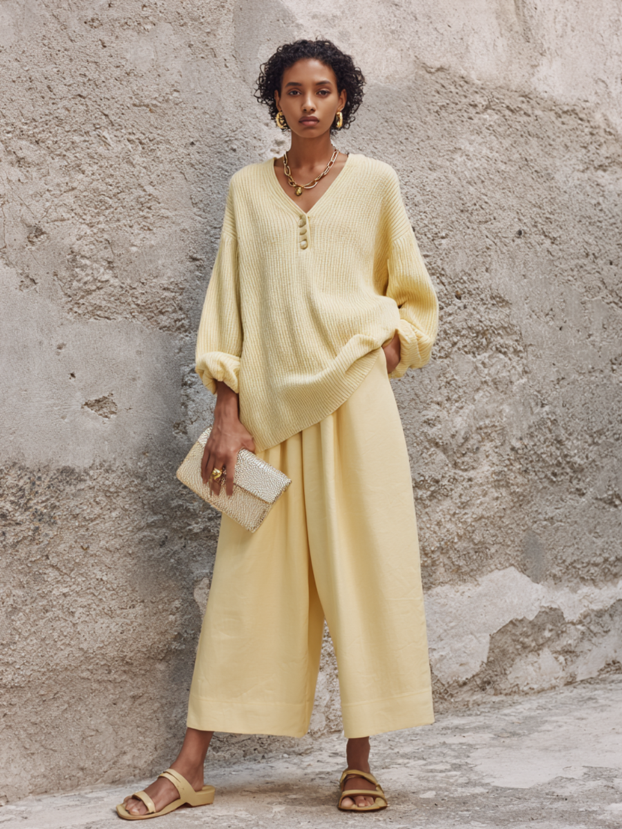 Women's Casual-Elegant Yellow V-Neck Knit Top And Cotton-Blend Wide-Leg Pants Set MDZ3178G6GMJ