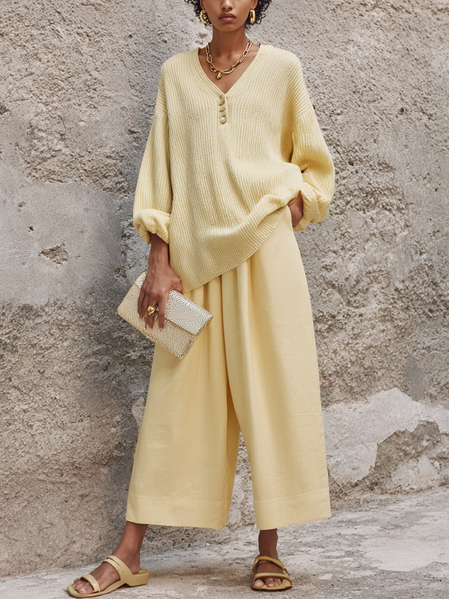 Women's Casual-Elegant Yellow V-Neck Knit Top And Cotton-Blend Wide-Leg Pants Set MDZ3178G6GMJ